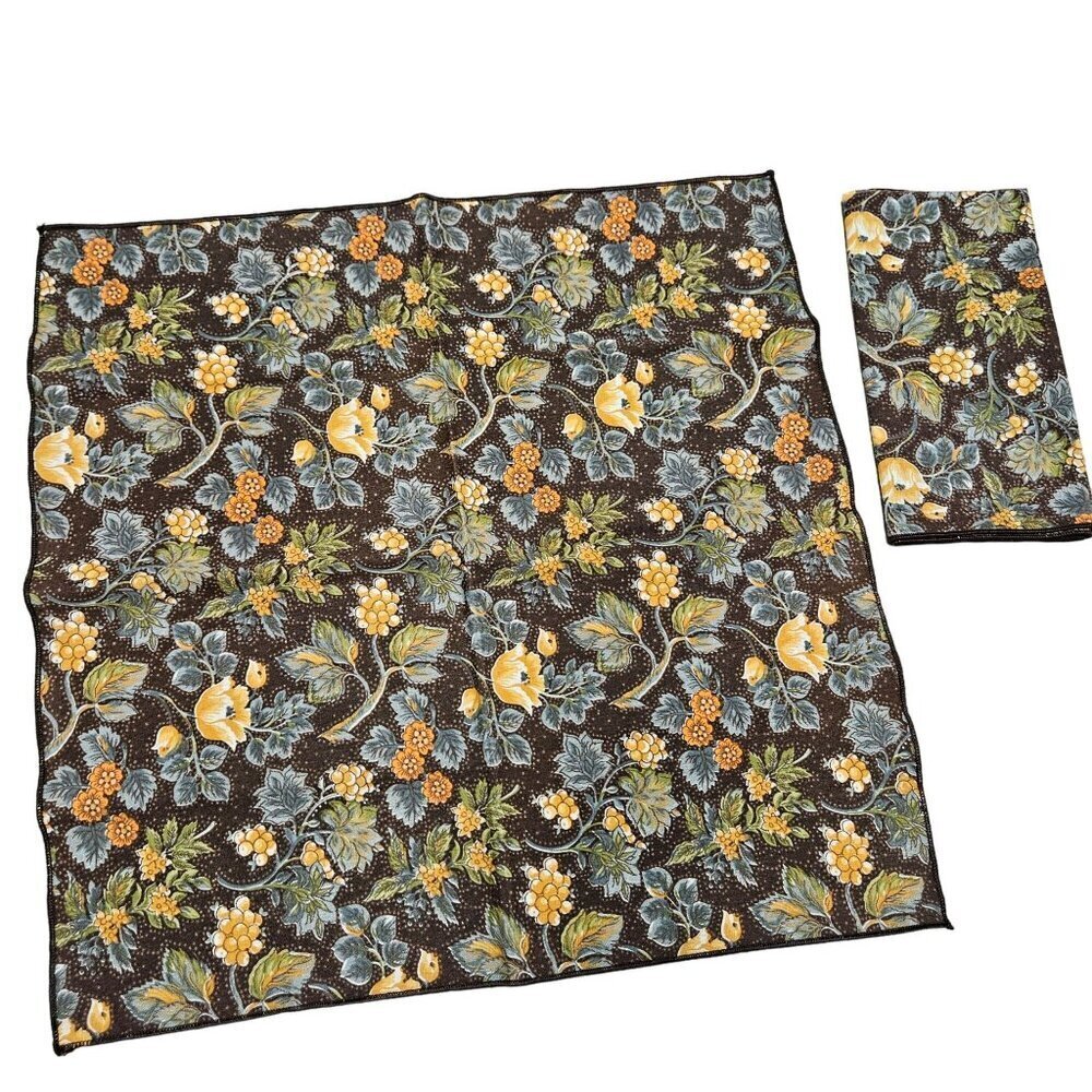 Vintage 90s Handmade Handcrafted Floral Patterned Brown Square Napkins Set 2 MCM